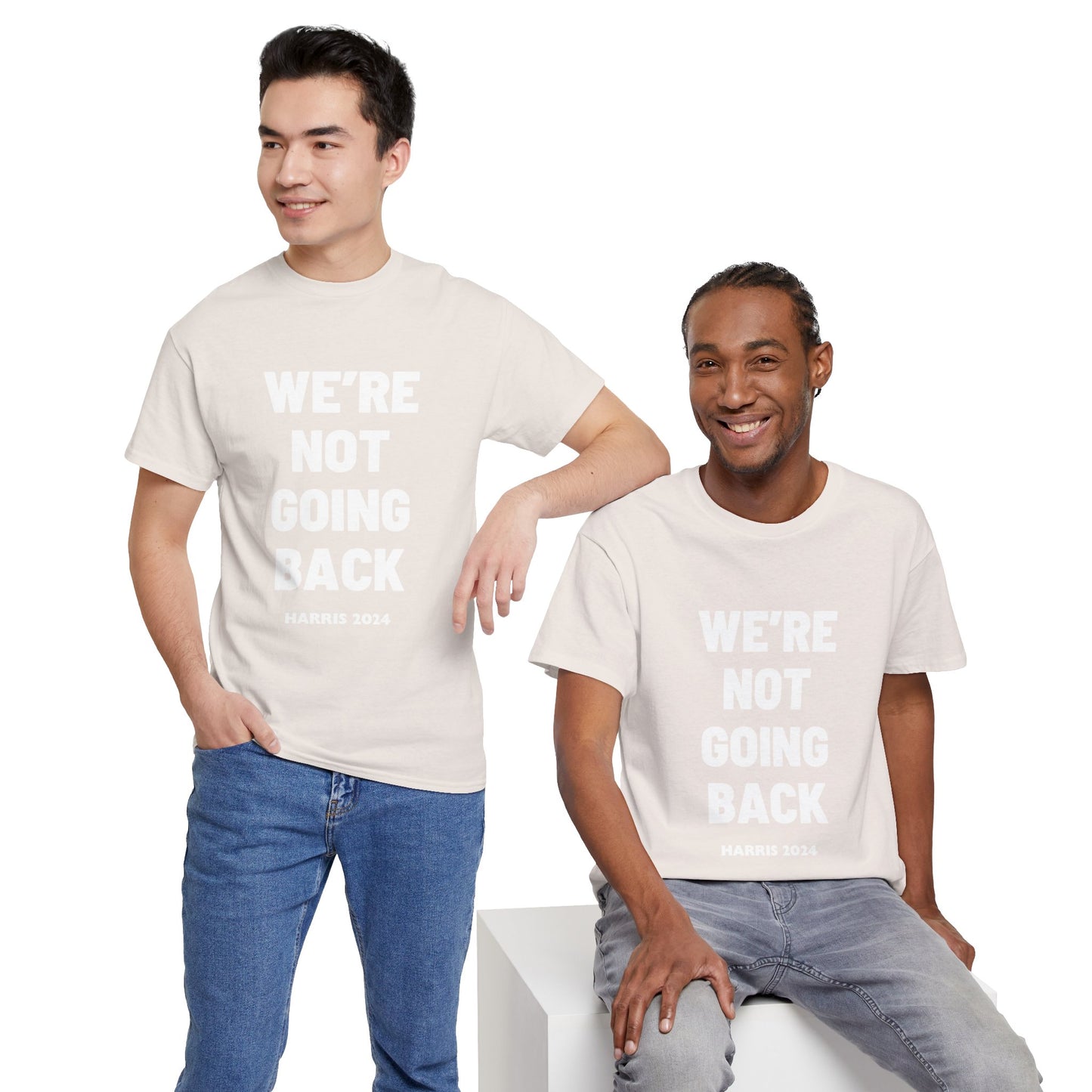 We're Not Going Back 2024 Kamala Slogan White Print Unisex Heavy Cotton Tee Ice Grey T-Shirt