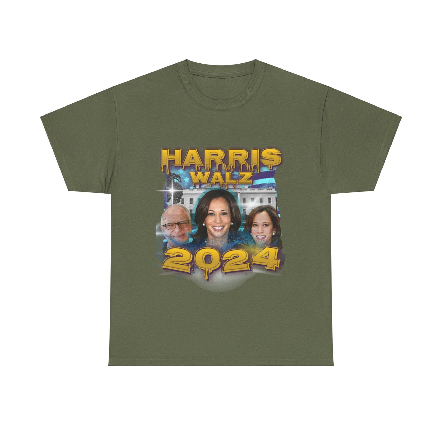 Green & Yellow Harris Walz 2024 Streetwear Design Unisex Tee Military Green T-Shirt