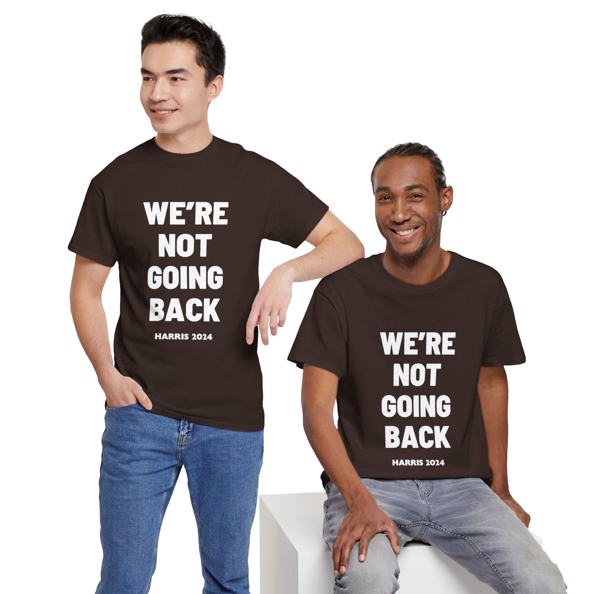 We're Not Going Back 2024 Kamala Slogan White Print Unisex Heavy Cotton Tee Dark Chocolate T-Shirt