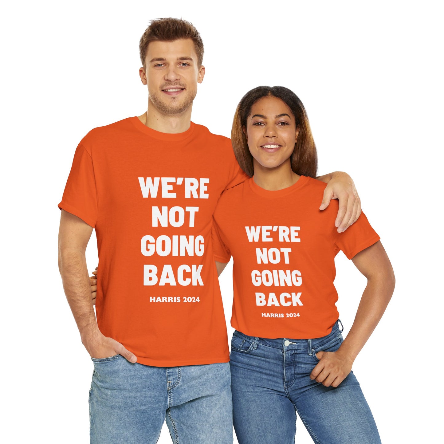 We're Not Going Back 2024 Kamala Slogan White Print Unisex Heavy Cotton Tee T-Shirt