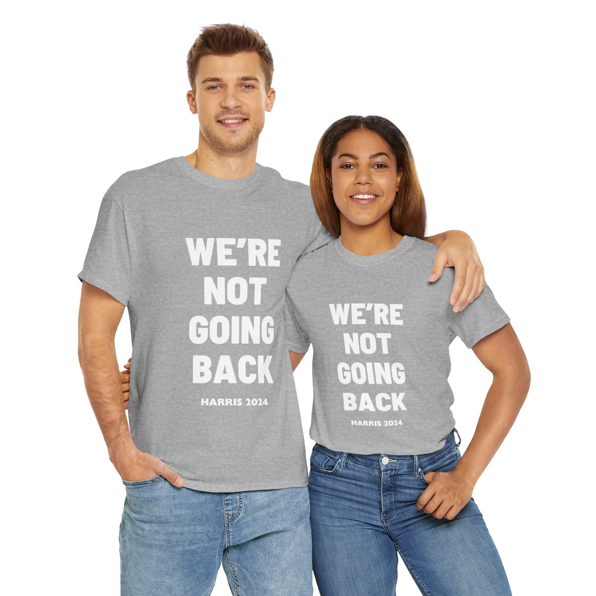 We're Not Going Back 2024 Kamala Slogan White Print Unisex Heavy Cotton Tee T-Shirt