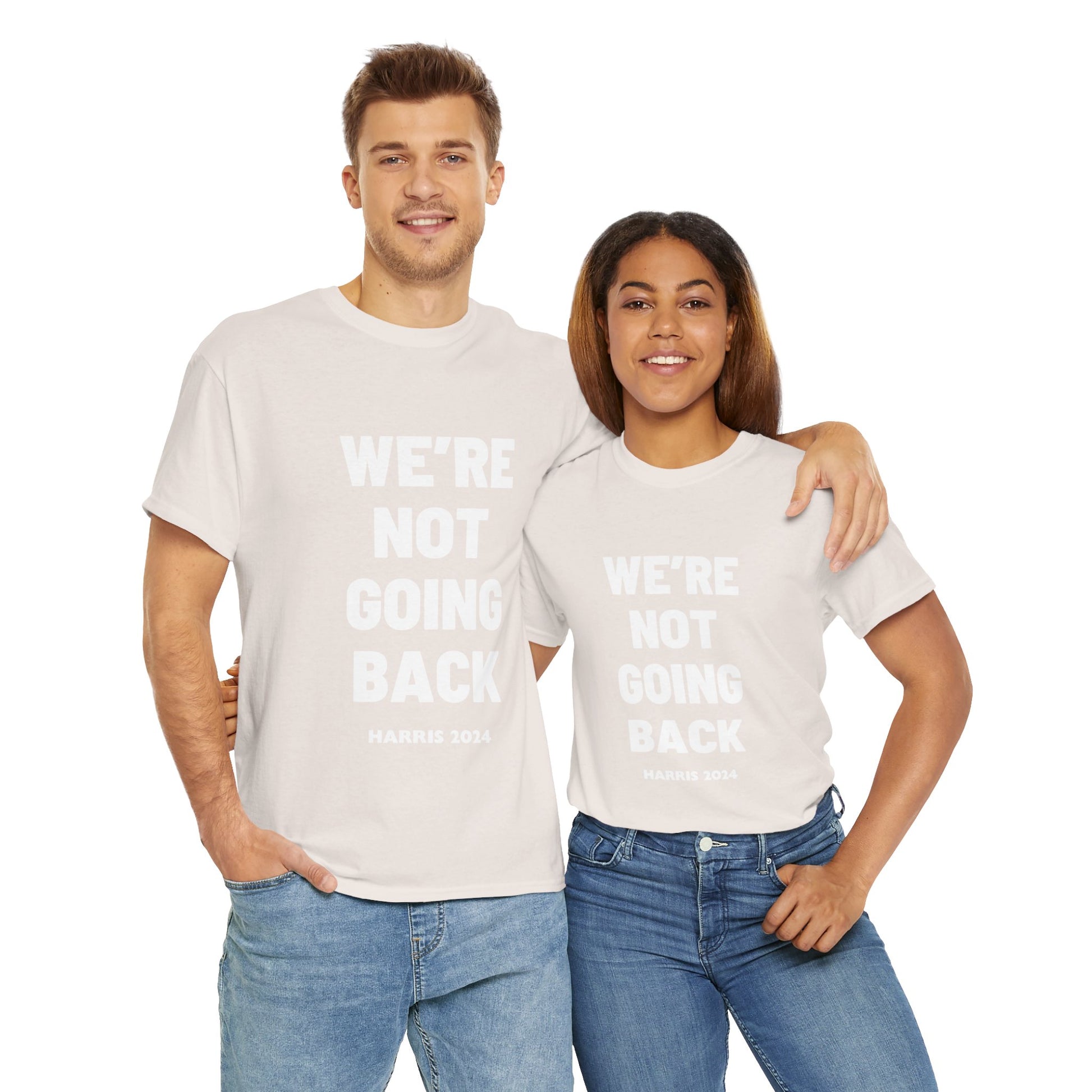 We're Not Going Back 2024 Kamala Slogan White Print Unisex Heavy Cotton Tee T-Shirt