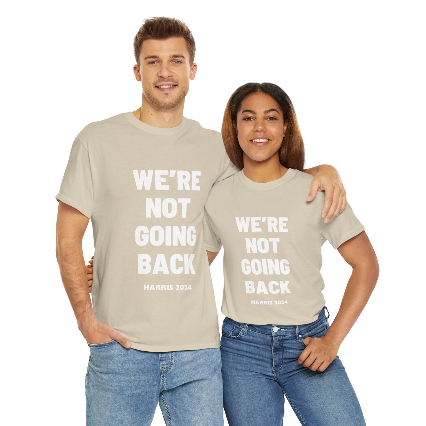 We're Not Going Back 2024 Kamala Slogan White Print Unisex Heavy Cotton Tee T-Shirt